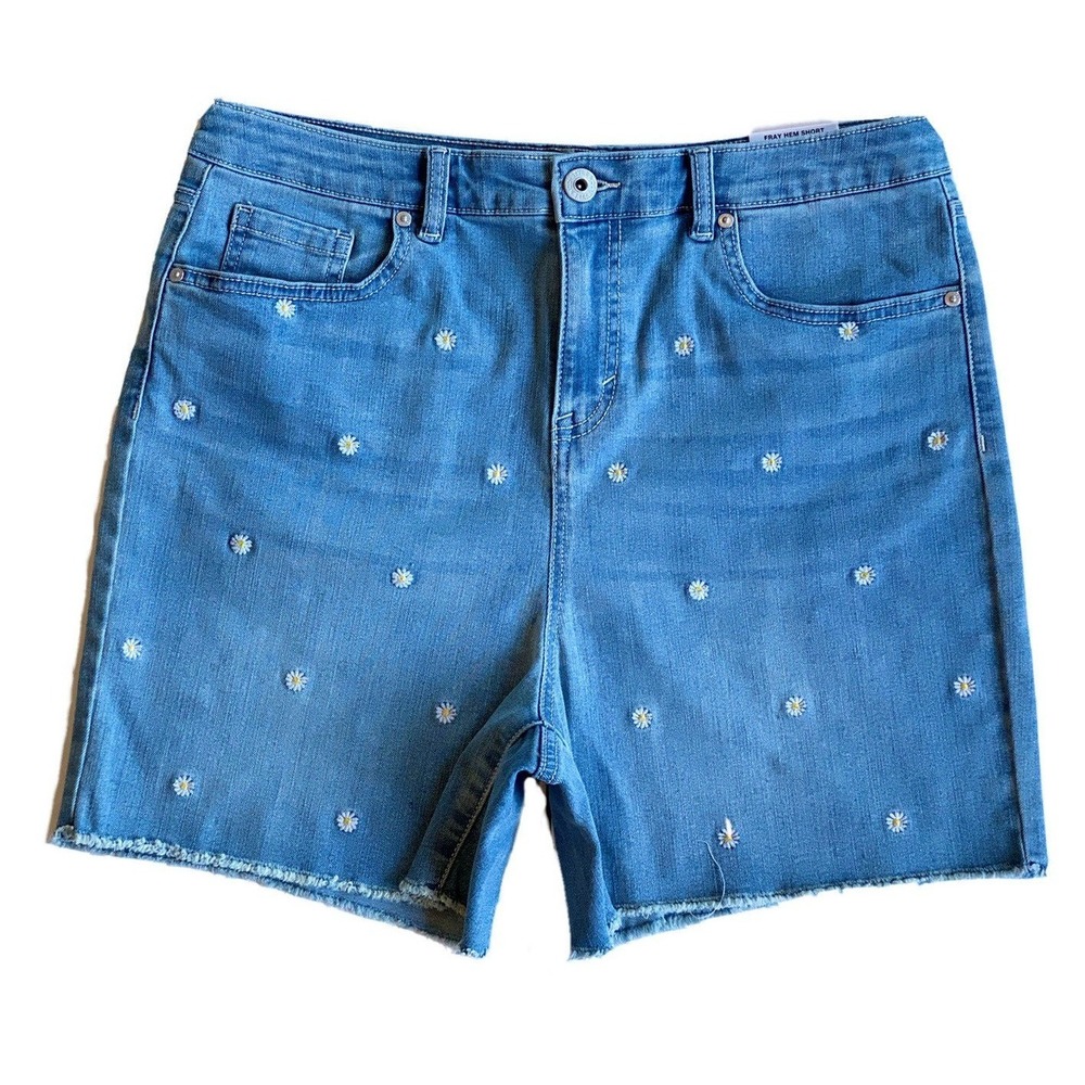 Style & Co Daisy Embroider Daisy Denim Shorts Women 10 Blue NEW Fray Hem Hi-Rise